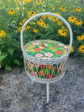 🌼☘️  Ancienne Boite à Couture Travailleuse Tripode En Bois Rotin Vintage ☘️🌼