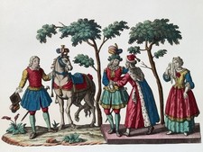 GRAVURE FINEMENT DÉCOUPÉEet coloriée à la main personnages  déb.18e arte povera