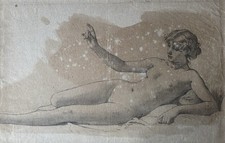 Grand Dessin Ancien Pierre Noire Étude De Femme Nue Allongée XIXEME