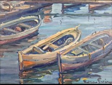 Tableau Huile Paysage Marin Bateaux Impressionniste XXème