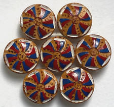 Bois véritable 18 mm - Lot de 7 boutons vintage décor bleu blanc rouge