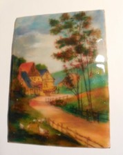 ANCIENNE PLAQUE BOMBEE EMAUX SUR CUIVRE  DECOR PAYSAGE  19 CM X 14CM 