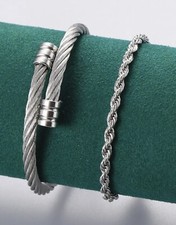 2x Bracelet Acier Inoxydable Torsadé Bijou Femme Homme Argenté Chaîne Métallique
