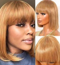 Perruque Naturelle Blonde Wig Femme Cheveux Humains Lisses Courte +1 Bonnet