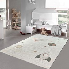 Tapis de chambre d'enfant Planètes étoiles en crème gris beige