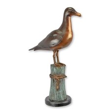 9932530 Sculpture en Bronze Figurine Oiseaux Mouette Sur Poste Coloré 53x15x35cm
