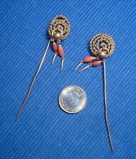 B30 Paire Epingle Pardon XIX Métal Doré Corail Lot Bijou ancien régionnal