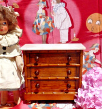 POUPÉE ANCIENNE, COMMODE 3 tiroirs en bois imitation bambou et marbre XIXe