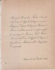 1889 Faire-part mariage Paul FAIRÉ & Augustine TURPAULT Doué-la-Fontaine Angers