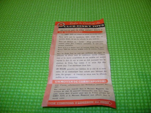 Dinky toys notice admission - notice, d'admission