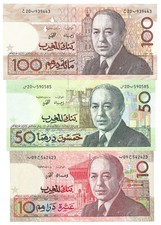 UNC-RARE 3-Billets-MAROC-MOROCCO-MAROCCO-10-50-100-DIRHAMS-1987-P60b-P61a-P62a
