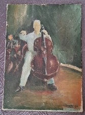 Tableau expressionniste signé "Bigor" "Le Violoncelliste" Huile 46cm X 33cm.
