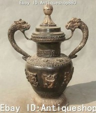11"China Old Silver Double Dragon Beast 8 Auspicious Symbol Pot Jar Jug Statue