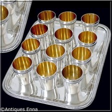 Rare French All Sterling Silver 18k Gold Liquor Cups 12 Pc w/Tray Neoclassical