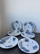 6 Anciennes Assiettes Creuses Terre De Fer Bleu Blanche Fleur Florentine Rétro 