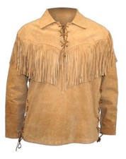 Chemise de montagne western en cuir suédé pour hommes avec franges veste...