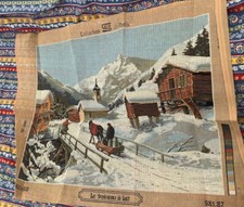 French Needlepoint Canvas cotton sled mountains alps chalet 31”x 24” Vintage