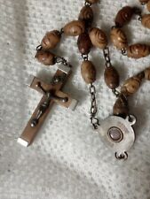 Ancien chapelet Terre Sainte – perles bois d’olivier sculptées – croix bois & mé
