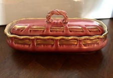 SARREGUEMINES boite à brosse à dent pour garniture de toilette rose + dorures