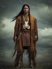 Photo A4 guerrier Lakota Sioux debout en tenue perlée et franges – 1260