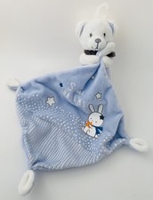 5955🌟EXCELLENT ÉTAT Peluche Doudou Plat Mouchoir Ours Blanc Bleu Mots D'enfants