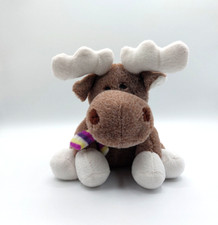 Peluche doudou élan renne marron blanc FIZZY écharpe mauve jaune 20 cm TBE