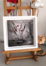 Tableau encadré Coquelicot Abstrait -Art Brut- Gris/Rouge/-Repro -signé