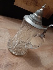 ancienne chope a bière en verre de cristal et etain