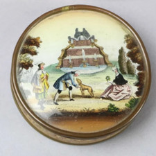 Rare vers 1850 Boite Dragée FIXE SOUS VERRE Peint scène galante 18 eme