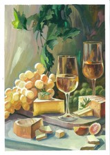 nature morte fromages raisin et vin blanc, tableau original A3 peinture mixte