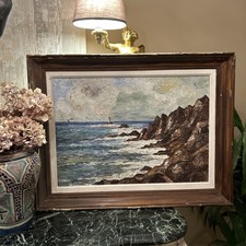 Huile Sur Toile Ancienne Signée Représentant Un Phare Et La Côte