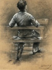 Ancien Tableau Fusain Écolier