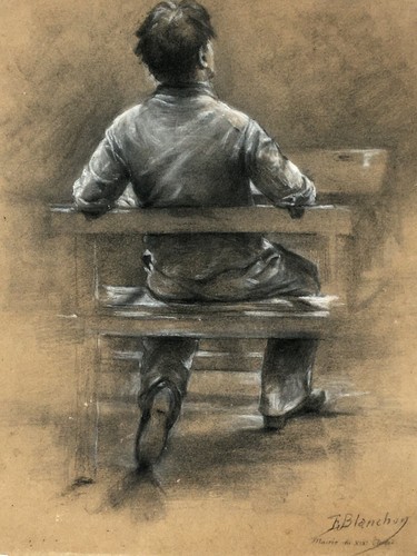 Ancien tableau fusain - fusain, Écolier