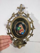 Bénitier en Bronze Doré et Peinture Miniature / 19th France / Vierge Porcelaine