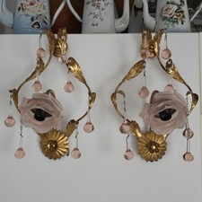 Père D'applique En Tôle Et Pampille Et Tulipes En Pâte De Verre De Couleur Rose