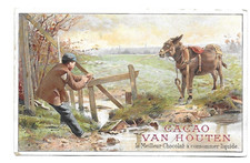 ancien CHROMO publicitaire  cacao VAN HOUTEN   âne têtu + 1 bière et chocolat