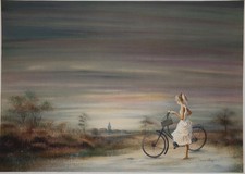 Bernard CHAROY : Jeune fille à bicyclette - Lithographie originale signée