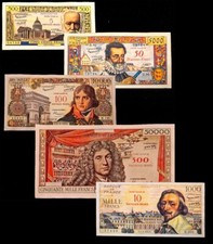 1958 lot de 5 billets anciens Francs avec surcharge (REPRODUCTION)