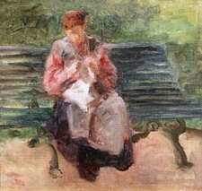 Tableau encadré femme banc impressionniste Gustave POETZSCH peintre suisse 1900