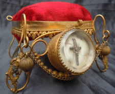 Reliquaire laiton dore fleurs lys sirenes ailees croix d'époque 19ème Reliquary