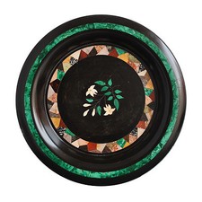 plat ancien en marbre noir et mosaique pierre dure XIXème