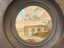 Ancien tableau peinture miniature aquarelle sur parchemin pêcheurs diam. 7,5cm