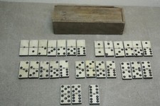 Vintage Domino Set Bovine Bone & Wood Brass Pins with original Wooden Box