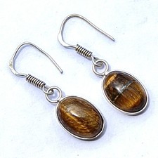 Vente boucle d'oreille pendant goutte pierre précieuse oeil de tigre en argen...