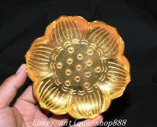 13CM Collect Old China Bronze Gilt Fengshui Lotus Flower Plate Dish Tray