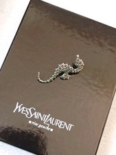 Vintage  SAINT LAURENT Seahorse Silver Brooch Accessories YSL Black Rhinestones 