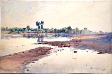 Ancienne AQUARELLE  jolie " Vue des bords de Loire " signée Gabriel SOULARY