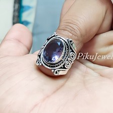 Bague en argent sterling 925 grosse pierre précieuse en améthyste facettée bi...