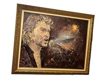 TABLEAU CÔTE PEINTURE TOILE SIGNE CROUPIE JOHNNY HALLYDAY DISQUE STATUE PORTRAIT