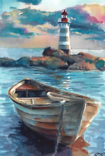 Phare breton avec barque peinture originale 20x30cm œuvre d'art aquarelle paysag